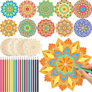 Vercraft 28 Pcs Wooden Mandala Painting Set Diwali Crafts Include 10 Unfinished Wood Cutouts with 18 Colored Pencil for Making Kit Mandala Crafts for Painting DIY Home Decors(Classic Style)