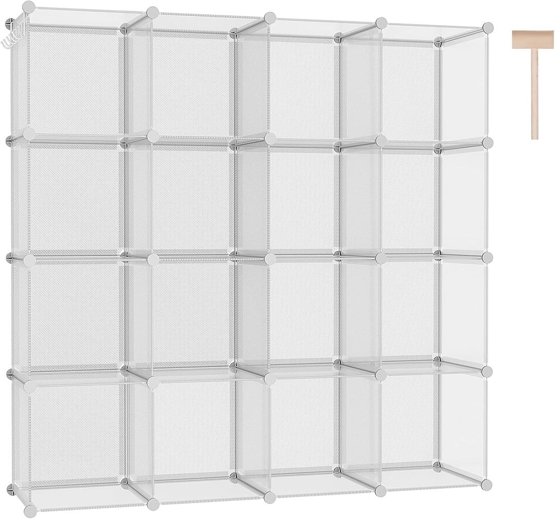C&AHOME Cube Storage Organizer, 16-Cube Shelves Units, Plastic Storage Cubes, DIY Closet Organizer, Modular Closet Storage Shelf Ideal for Home, 48.4" L  12.4" W  48.4" H Transparent Twill UPCS16T