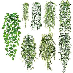 Der Rose 8Pcs Fake Plants Hanging Artificial Ivy Vine Faux Eucalyptus Hanging Plants for Home Boho Wall Shelf Indoor Outdoor Decor (White Pots)