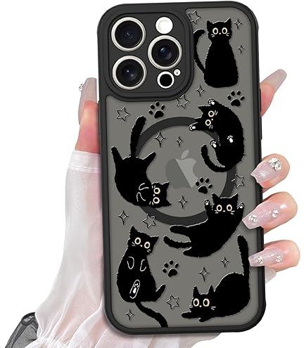Heaofei Cute Case for iPhone 14 Pro Case for Women Girls Boys [Compatible with Magsafe] Kawaii Black Cats Cat Pattern Design, Aesthetic Girly Animal Rectangle Magnetic Protective Phone Cover