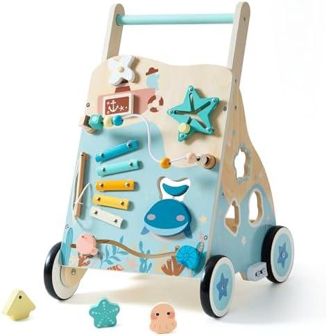 ROBOTIME Wooden Baby Push Walker, Ocean-Themed Wooden Baby Walker with Wheels, Sit-to-Stand Activity Center, Push Toy for Toddlers, for Boys and Girls