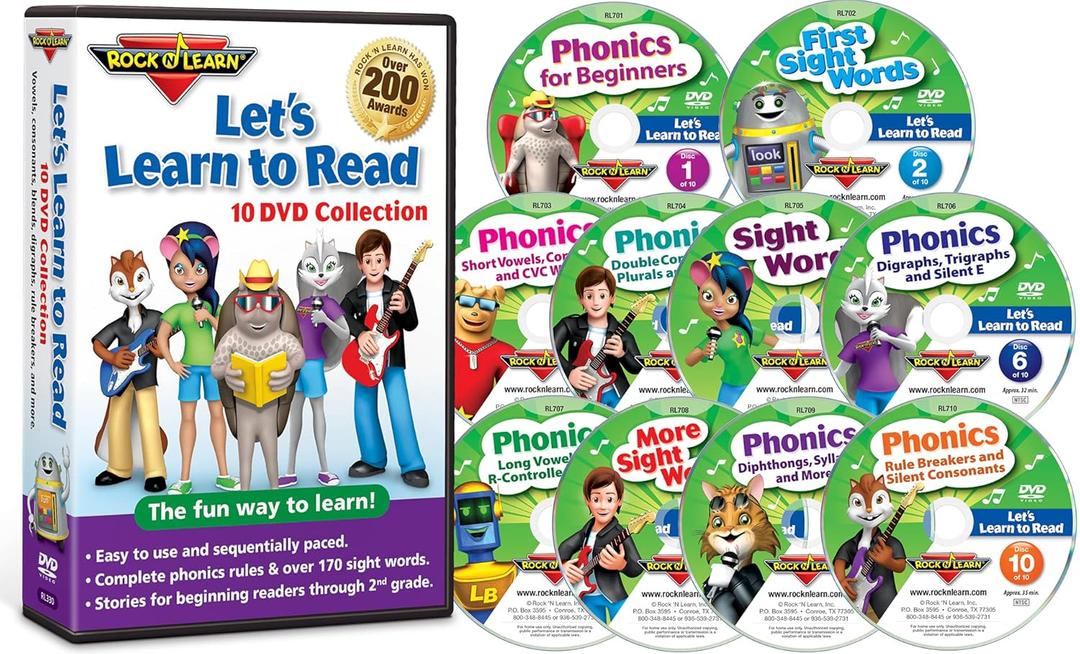 Lets Learn to Read 10 DVD Collection by Rock N Learn (170 sight words, covers all phonics rules, vowels, consonants, blends, digraphs, practice sections to build reading fluency, 80 downloadable worksheets and more.)