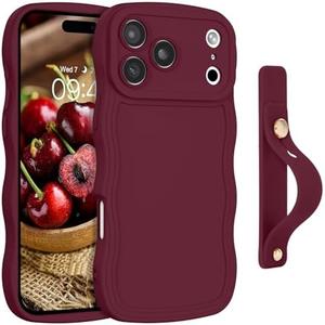 GUAGUA for iPhone 17 Pro Case with Wrist Strap, Wavy Edge Phone Case Cute Curly Shape with Adjustable Wristband Kickstand Shockproof Anti Slip Phone Case for iPhone 17 Pro 6.3'', Plum Red