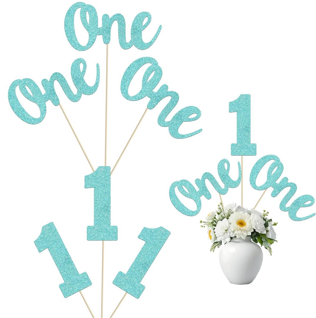 Light Blue 1st Glitter Birthday Centerpiece Sticks 12PCS Number 1 Table Topper One Centerpieces for Tables Anniversary Party Decorations First Birthday Party Supplies