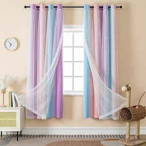 LUGOTAL Double Layer Blackout Curtains for Girls Bedroom - Princess Rainbow Kids Room Decor Pink Purple Stripe Star Blackout Curtains Panels, (34x63 Inches, 1 Panels)