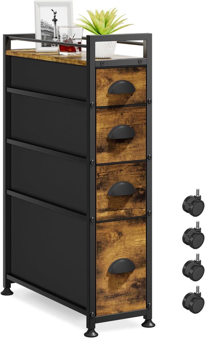 LASZOLA 4 Drawer Narrow Dresser Slim Cabinet Skinny Storage Tower Chest, Ideal for Small Spaces Bathroom Bedroom, Between Washer and Dryer, Lightweight Mobile on Wheels, Sturdy Fabric Drawers, Brown (17.1"D x 7.9"W x 29.5"H (4 Drawers))