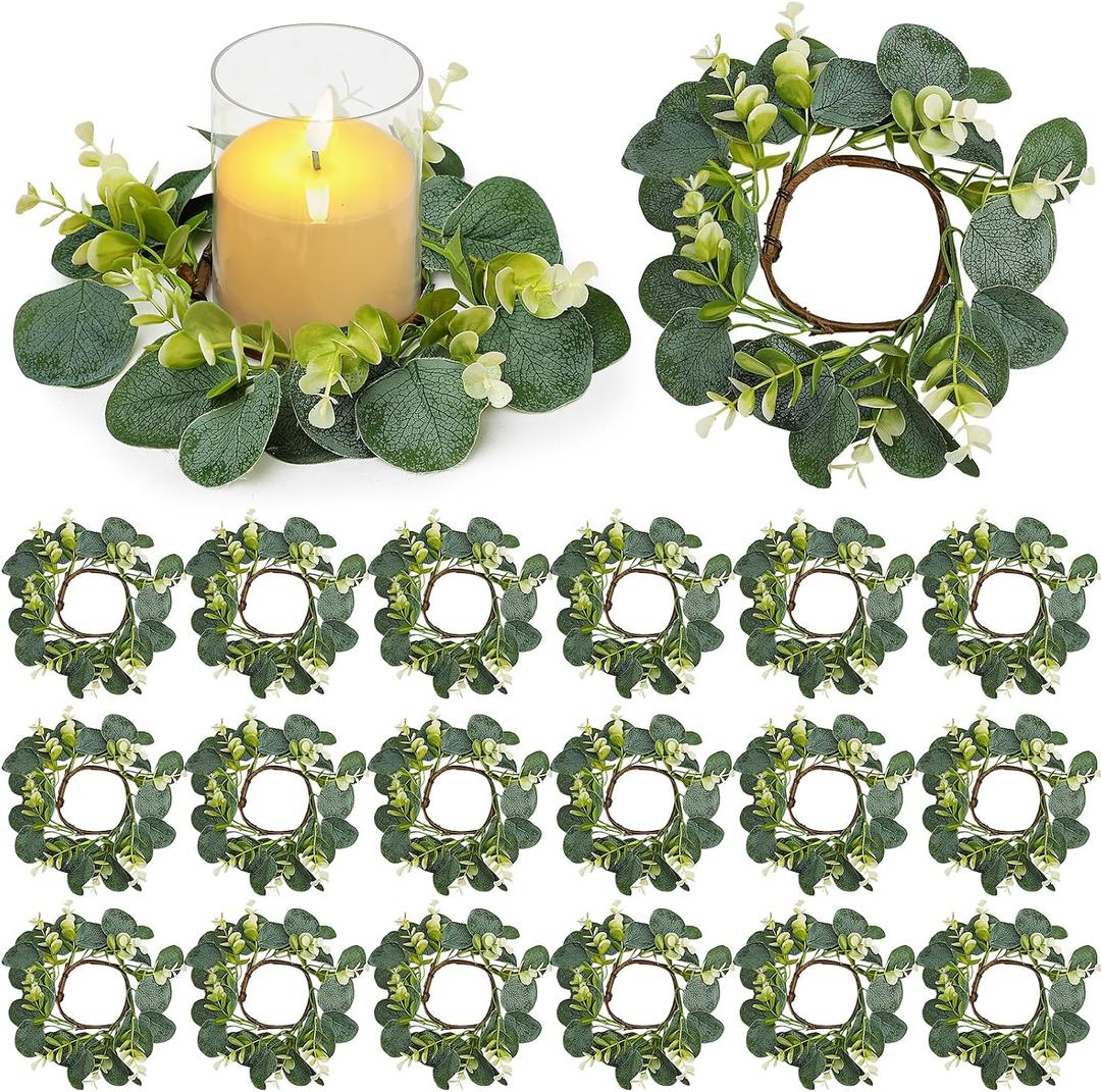 20 PCS Eucalyptus Candle Rings Wreaths - Artificial Greenery Wreath Green Leaves Pillar Candle Holder for Tabletop Wall Farmhouse Wedding Table Centerpieces Kitchen Home Decor