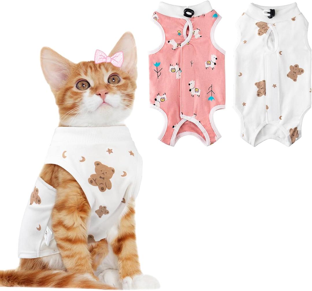 Coppthinktu 2 PCS Cat Recovery Suit for Spay Abdominal Wounds Cat Onesie for Cats After Surgery Recovery Suit Female Breathable E-Collar Alternative Kitten Onesie Anti Licking Small