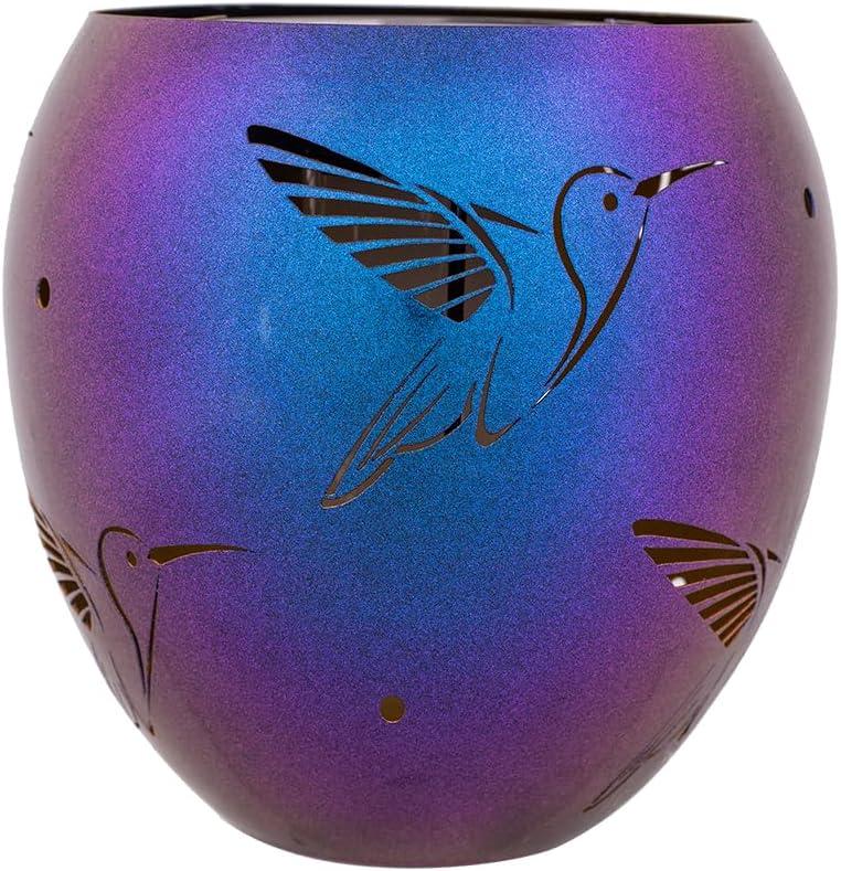 VEWOGARDEN Solar Lanterns Outdoor Waterproof Hummingbird Hollowed-Out Metal Lantern Solar Lights with Flickering Flame for Patio Porch Table, Purple