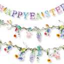 Frienda 3 Pcs Happy Easter Banner Easter Garlands Decoration PVC Bunny Tulip Wildflower Garlands Pastel Floral Banners Decor for Mantle Spring Egg Hunting Supplies Home Decor