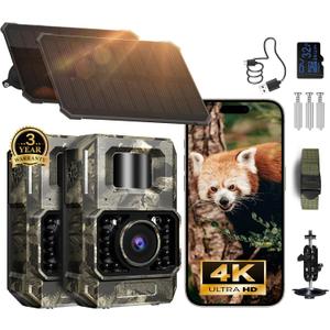 MAXDONE Solar Trail Camera 2 Pack - 4K 64MP WiFi Bluetooth Solar Deer Camera with Night Vision Motion Activated, Game Camera IP66 Waterproof, Wildlife Cameras Built-in Battery Rechargeable Power