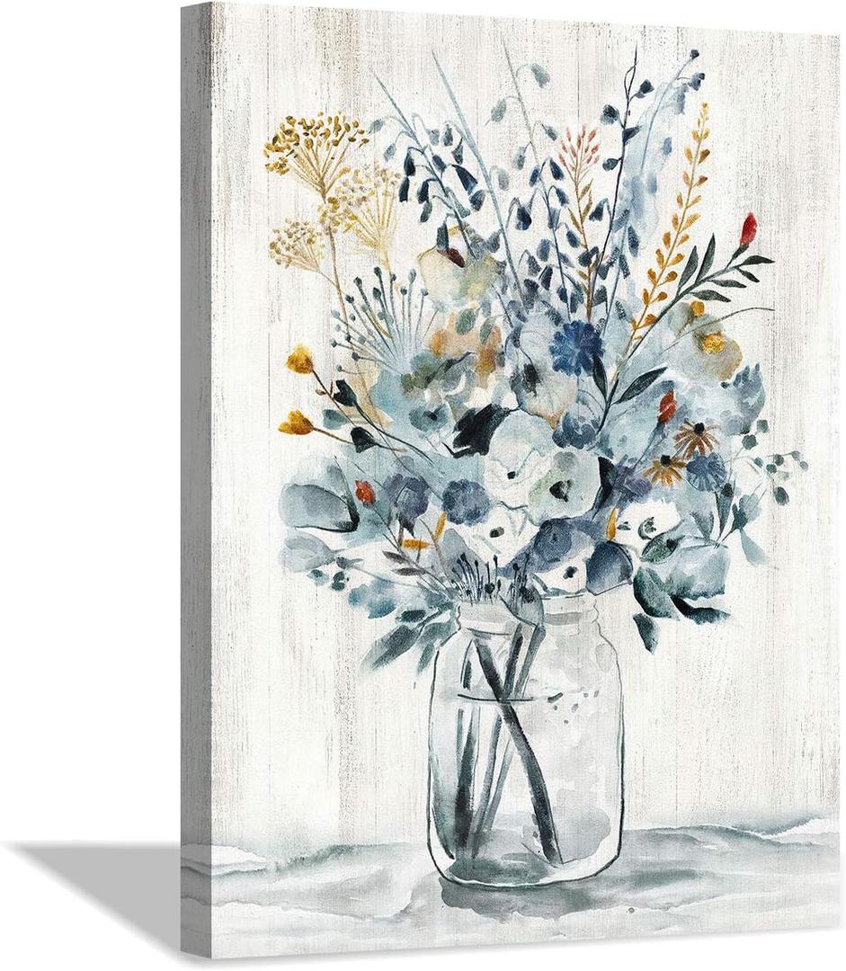 Hardy Gallery Abstract Flower Print Wall Art: Botanical Flower Bouquet in Crystal Vase Picture Picture on Wrapped Canvas for Dining Room (12" x 16" x 1 Panel)