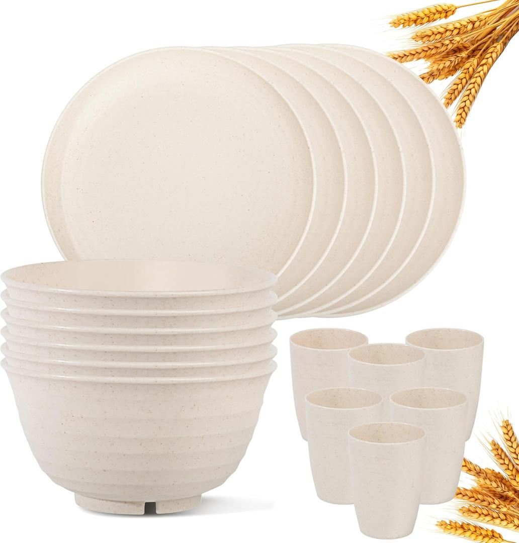 Klickpick Home 18 Pieces wheatstraw Dinnerware Set with 6 Each of Dinner Plates Cereal Salad Bowls Cups Unbreakable Modern Dinner Set for Microwave Dishwasher Safe Reusable Beige