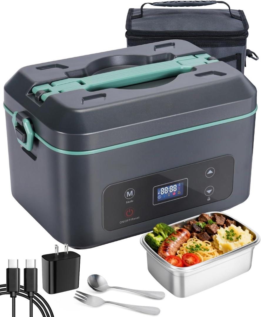 Cordless Electric Lunch Box for Adults, Heated Lunch Box Battery Powered with 5 Side Heating, Portable Food Warmer with 5.5 Cups Removable Container, Self-Heating Food Warmer for Work,GreyGreen