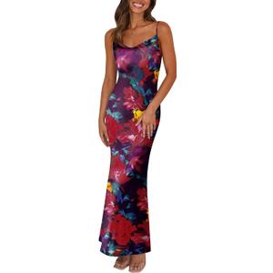 PRETTYGARDEN Women's 2026 Summer Floral Spaghetti Strap Maxi Dress Stretch Sexy Bodycon Dress Backless Slip Long Dresses