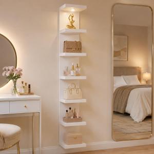 7 Tier Floating Wall Shelf with Lights, Tall Display Lack Shelf, White, 9.85 x 9.3 x 77 inches