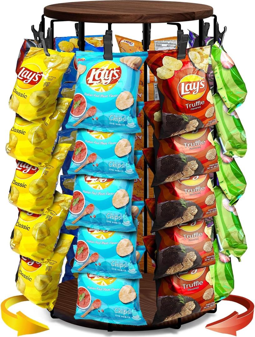Chip Rack Display Stand, 2025 New 5 Tier 40 Clips Snack Organizer with Rotating Wooden Base, Chip Holder Candy Display for Countertop, Concession Stand, Party, Retail, Office Snack Display Rack, Brown