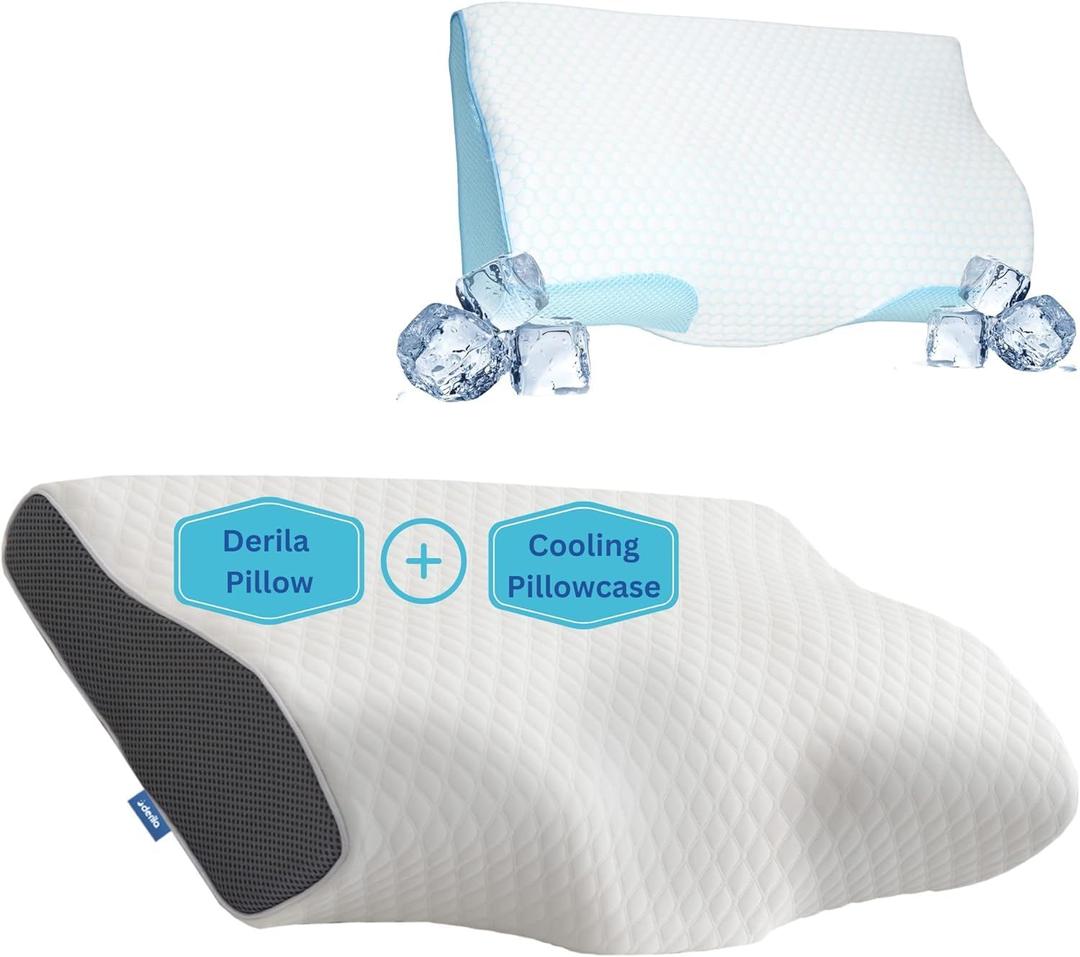 Derila Queen Size Memory Foam Pillow & Cooling Pillowcase | Optimal Temperature Control for Your Perfect Sleep. Neck Contoured Support Pillow Improves Sleep