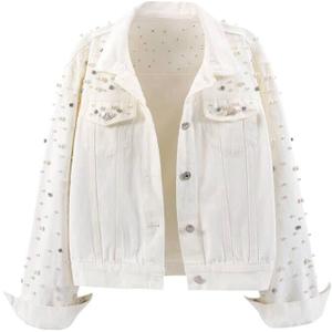 LifeShe Women's Pearls Denim Jacket Cropped Rhinestones Jean Jacket Coat (Large, White) LifeShe Women's Pearls Denim Jacket Cropped Rhinestones Jean Jacket Coat (Large, White)