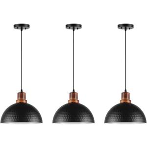 Solid Wood Pendant Lights 3 Pack, 11.8" Modern Matte Black Dome Hammered Metal Hanging Ceiling Light Fixtures Industrial Lighting for Kitchen Island Dining Living Room Restaurant Farmhouse