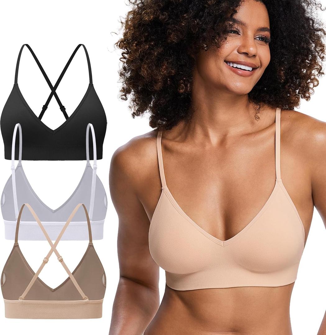 Zorwea 3/6 Pack V Neck Bralette for Women, Lightweight Wireless Comfort Padded Lounge Bra Set for Everyday Wear Sleep, Medium, Black-white-lightnude