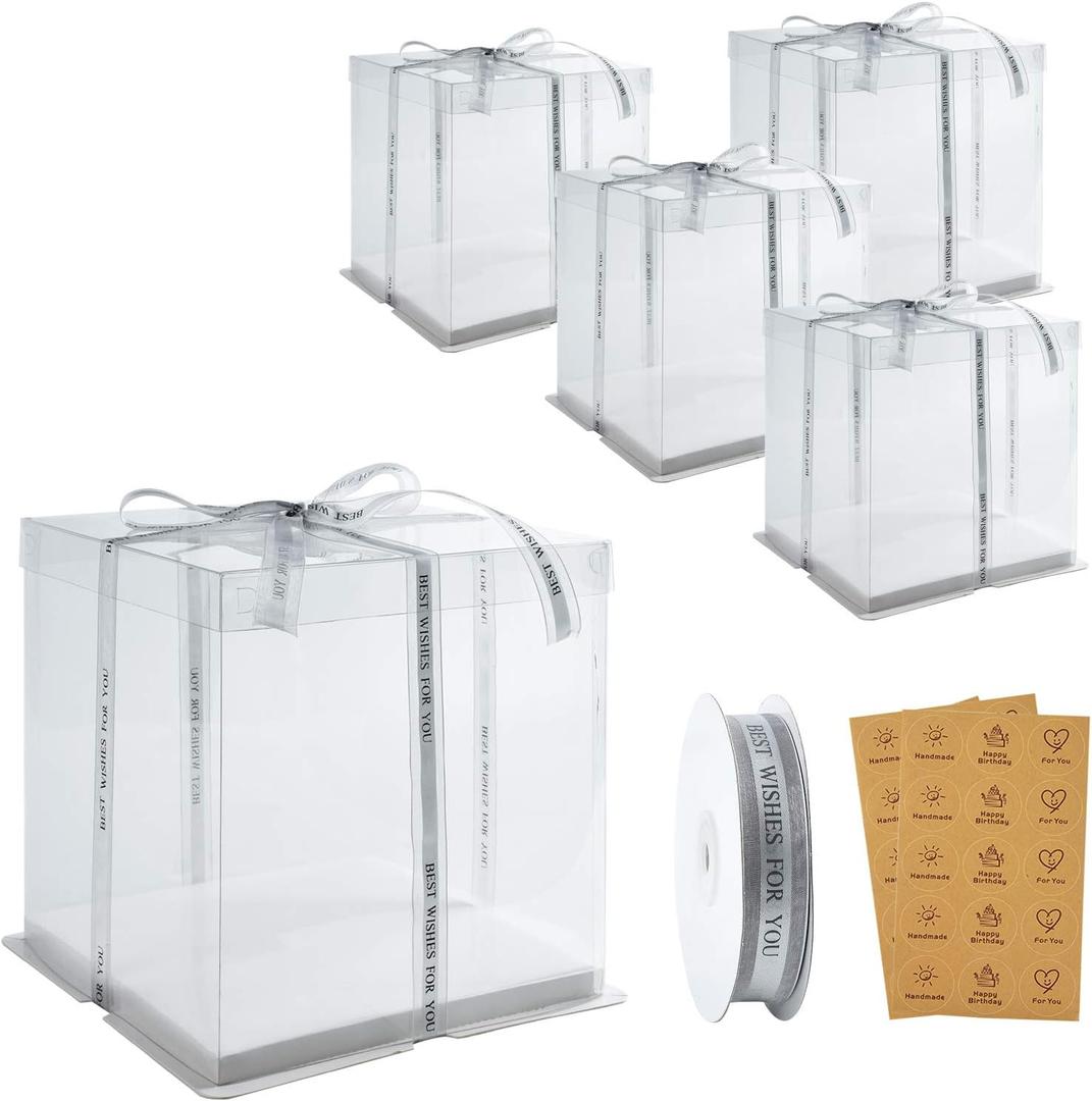 BURLIHOME 5 Pack Clear Cake Boxes 10x10x12 Inches, Tall Cake Boxes for Tier Cakes, Clear Gift Box for Wedding, Party, Birthday