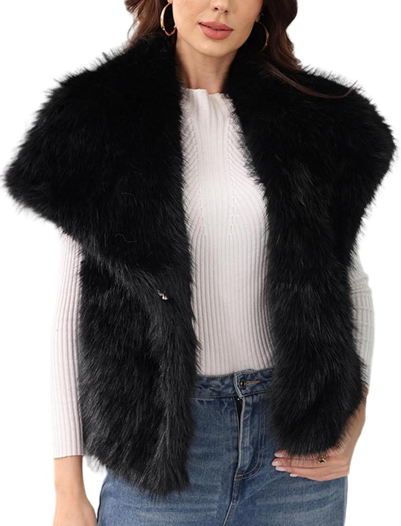 Gihuo Women' s Faux Fur Vest Lapel Collar Sleeveless Furry Jacket Shaggy Jackets Warm Outerwear(Black-S)