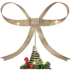 Large Metal Bow Christmas Tree Topper,9.4 Inch Glitter Champagne Gold Tree Topper,Champagne Gold Bow Christmas Tree Decorations for Xmas Home Decor Holiday Party Indoor Outdoor Shop Office