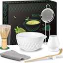 Matcha Whisk Set, 7 Pcs Matcha Kit, Ceramic Matcha Set Includes Matcha Bowl with Spout, Matcha Whisk and Holder, Bamboo Scoop, Scoop Rest, Sifter and Tea Towel (Ceramic White)
