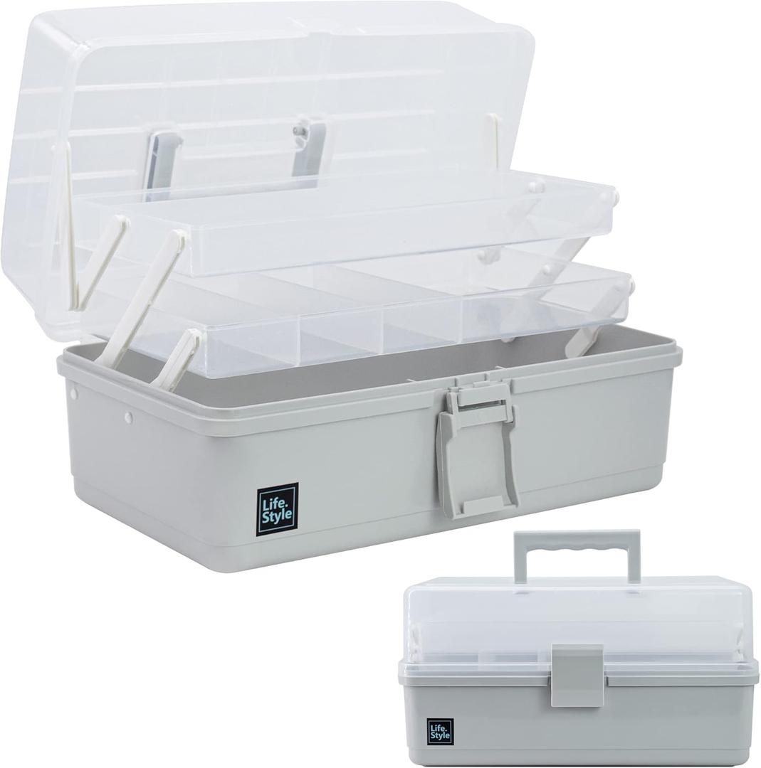 Creahaus 13 inch Art Craft Organizer Storage Box with 3 Layer, Multipurpose Plastic Tool Box with Handle for Sewing, Art Supply, Medicine, Nail, Hair Accessories (Grey)