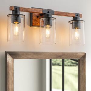 3-Light Farmhouse Bathroom Lighting Fixtures Over Mirror, Matte Black Bathroom Light Fixture, Painted Wood Industrial Vintage Wall Sconces Light with Bubble Glass Shade