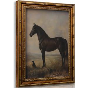 Vintage Gold Framed Horse Wall Art Horse and Dog Canvas Wall Decor Retro Rustic Farmhouse Animal Picture Rustic Horses Poster Artwork for Home Living Bedroom Farmhouse Hallway 12x16in