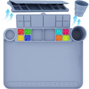 Painting Mat with Cup and Palette, 17"X13", Thick Silicone Art Mat for Craft, DIY Making, Gray