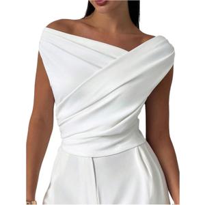 MakeMeChic Women's Off The Shoulder Tops Summer Blouses Asymmetrical Dressy Tops (S)