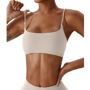 Comper Women's Sports Bras Wirefree Racerback Workout Bras Sexy Thin Straps Yoga Sport Bras with Removable Pads (Beige, Large)