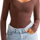 SUUKSESS Women Sweetheart V Neck Long Sleeve Tops Lace Trim Ribbed Modal Fall Going Out Shirts (Medium, Dark Coffee)