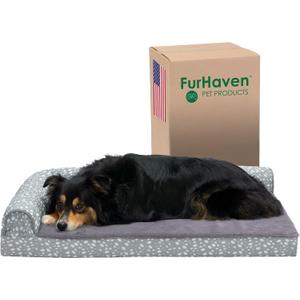Furhaven Orthopedic Dog Bed for Large/Medium Dogs w/ Removable Bolsters & Washable Cover, For Dogs Up to 55 lbs - Plush & Almond Print L Shaped Chaise - Gray Almonds, Large