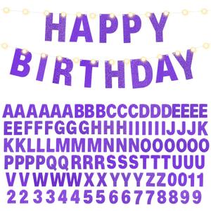 TaoBary 112 Pcs DIY Letter Custom Banner Glitter Customizable Banner Kit Including 107 Letters and Numbers 3 Rope for Valentine Birthday Party(Purple)