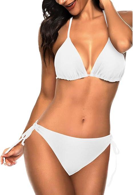 Tempt Me Women Triangle Bikini Sets Halter Two Piece Sexy Swimsuit String Tie Side Bathing Suit, Size XS, White