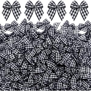 Syhood 150 Pieces Christmas Mini Gingham Ribbon Bow Checkered Burlap Buffalo Plaid Bow Tiny Winter Christmas Ornament for Home Xmas Trees Wreath Appliques Gifts Sewing DIY Craft Decor(Black White)