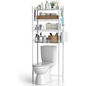 Hodonas Over The Toilet Storage, Adjustable Bathroom Organizer Shelves Space Saver Over Toilet, Sturdy 4 Tier Above Toilet Storage Rack, Freestanding Over-The-Toilet Storage Shelf, White
