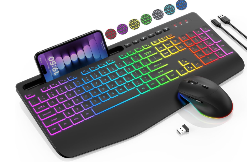 Wireless Keyboard and Mouse Combo  9 Backlit Effects, RGB, Ergo Wrist Rest, Phone Holder, 2.4G Full Size, Rechargeable, Sleep Mode, KM22 MAX Quiet Set for Computer, PC, Laptop, Mac, Windows SABLUTE
