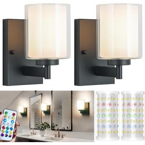 Battery Operated Wall Sconce Set Of 2, 10000mAh Wireless Rechargeable Wall Sconce With Remote Control, RGB Dimmable Bathroom Light Fixtures With Double Clear Glass Shade For Mirror Bedroom Living Room (Black)