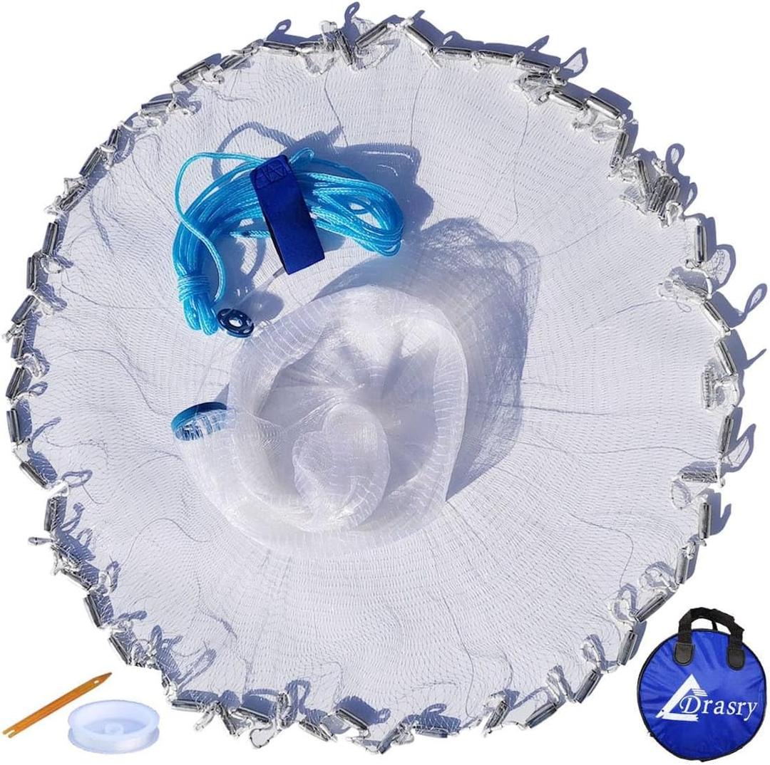 Drasry Saltwater American Fishing Cast Net 3/8inch Mesh Size for Bait Shrimp Trap Fish Heavy Duty Sinkers Throw Net 3FT/4FT/5FT/6FT/7FT/8FT/9FT/10FT Radius (White)