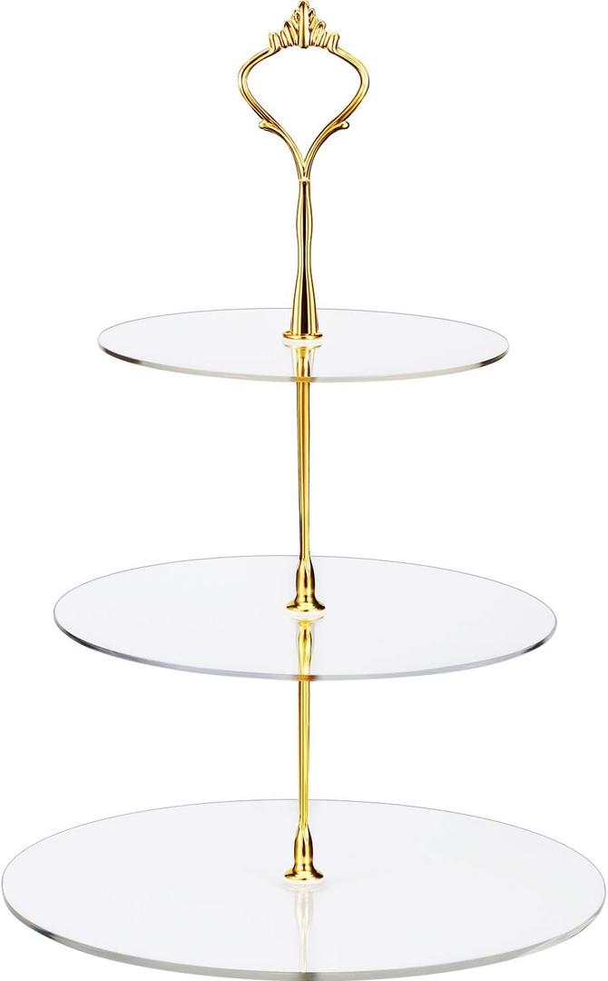 Boao 3 Tier Acrylic Cupcake Stand, Dessert Tower Cupcake Cookies Display Stand Reusable Pastry Platter for Wedding Birthday Baby Shower Treats Tea Party Decorations, Clear with Gold Edge(Transparent)
