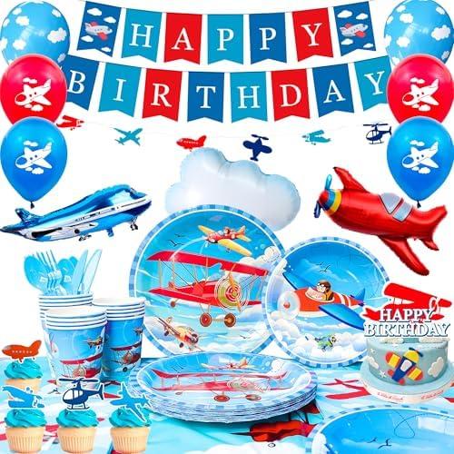 Airplane Birthday Party Decorations for 16 Guests, Airplane Party Decorations Airplane Party Tableware Airplane Plates Napkins Cups Table Cloth Balloons Backdrop etc Airplane Birthday Party Supplies