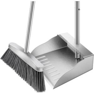 Metal Broom with Dustpan Combo Set-Long Handle Broom with Dustpan,Heavy Duty Standing Dust Pan & Soft Bristles Brooms,Indoor Outdoor Dust Pan Brooms for Home Office Lobby Floor