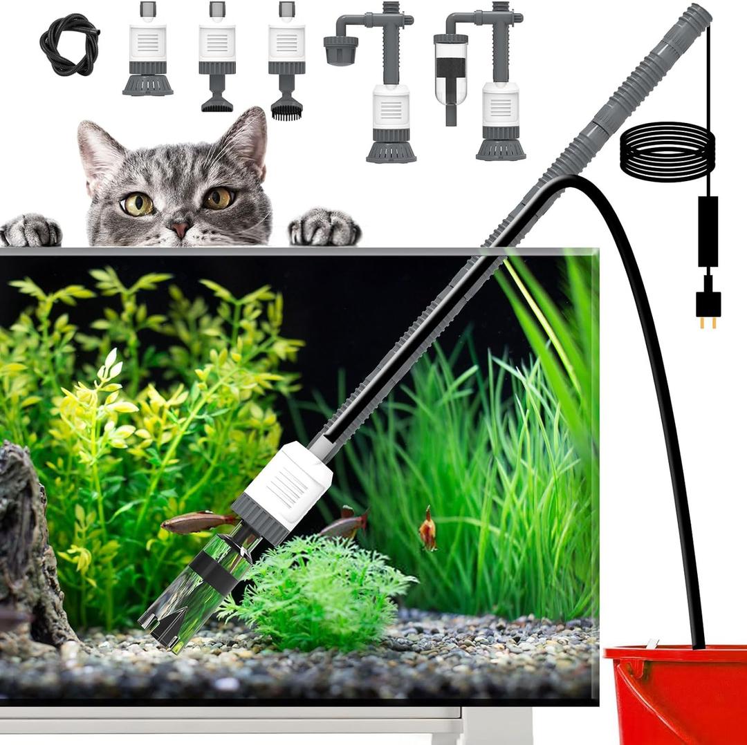 Fish Tank Cleaner, Aquarium Vacuum Gravel Cleaner Electric -6-in-1 Automatic Removable Vacuum with Adjustable 30W Motor Efficient Cleaning (Grey)