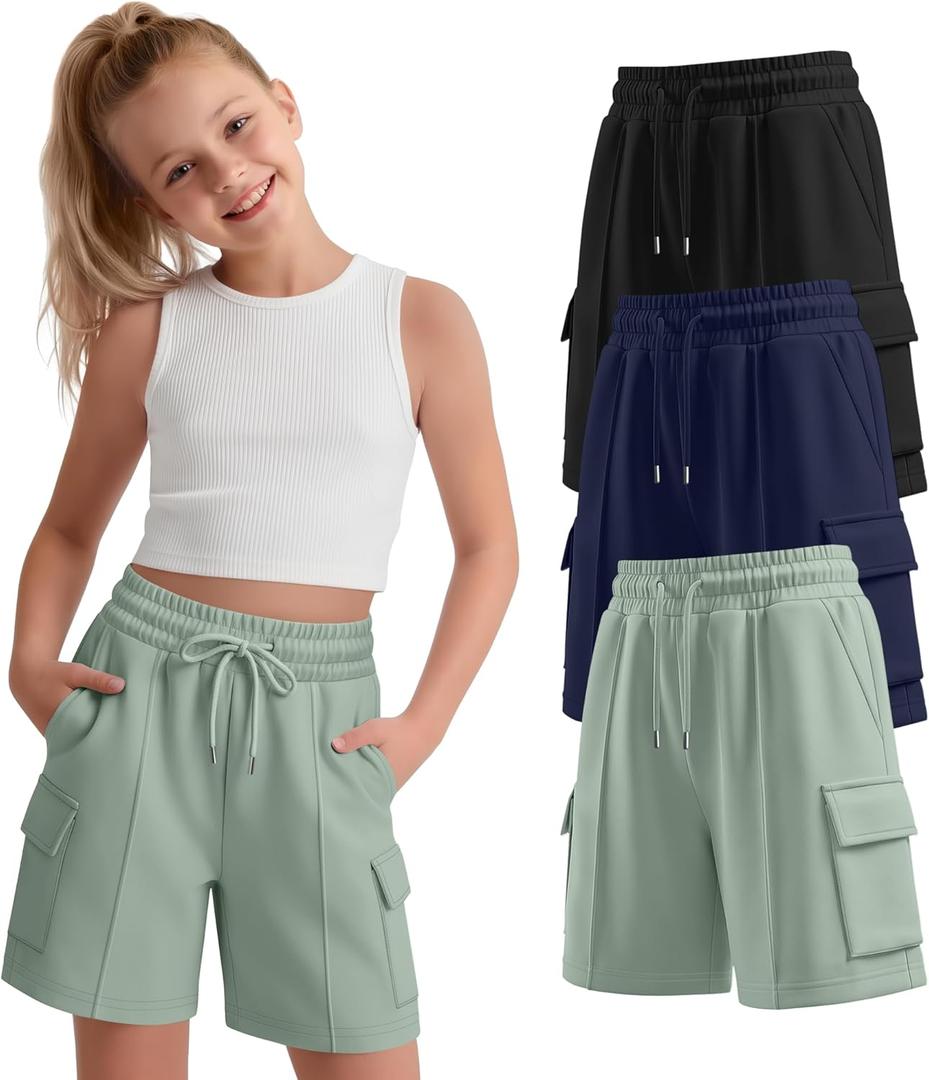 3 Pack Girls' Bermuda Cargo Shorts with 4 Pockets Knee Length Drawstring Wide Leg Casual Sweat Shorts for Ages 5-14 (7-8 Years, Navy Blue, Light Green, Black)