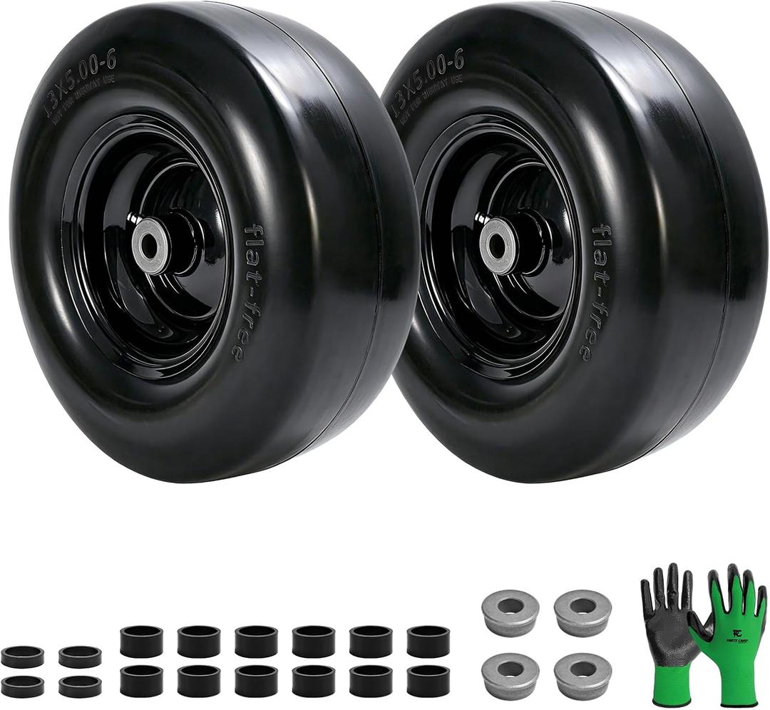 Parts Camp 13x5.00-6 Flat Free Tire Wheel (2-Pack) - Front Solid Smooth Replacement for Zero Turn Mowers - 5/8" or 3/4" Axle Bore, 3.25"-5.9" Hub Lengt - Fits most Riding Mowers Lawn Equipment